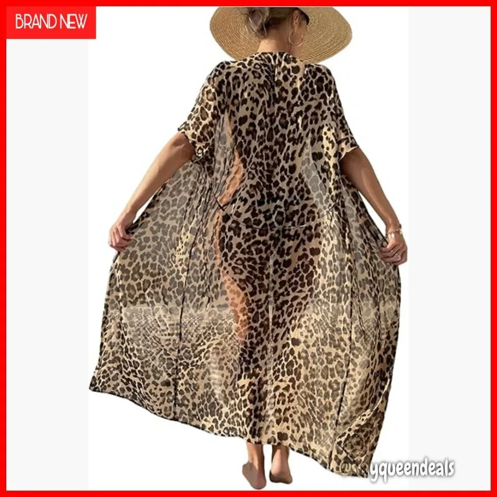 Sheer Chiffon Leopard Print Kimono Cover Up Long Open Front Beach